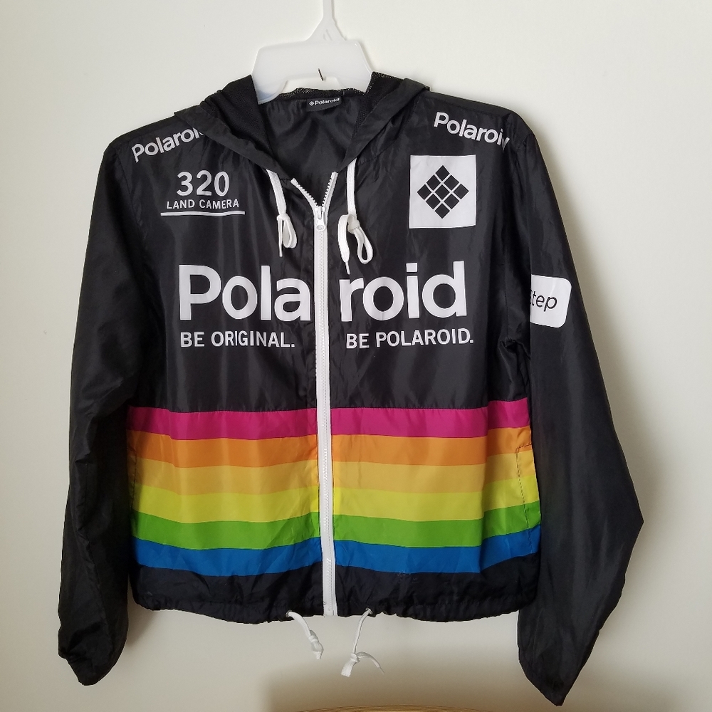 Black & rainbow Polaroid 320 Land Camera JACKET windbreaker hood pockets L